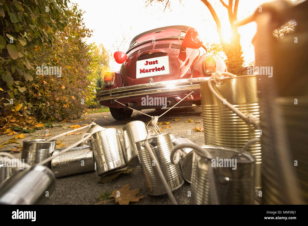 Tin cans attached to wedding car, Bavaria, Germany Stock Photo Alamy