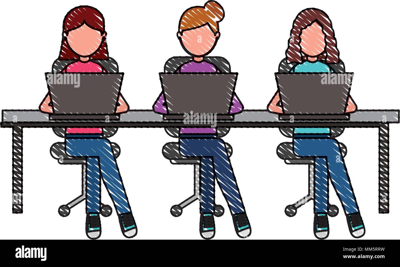 women group sitting working laptop on table and chairs vector