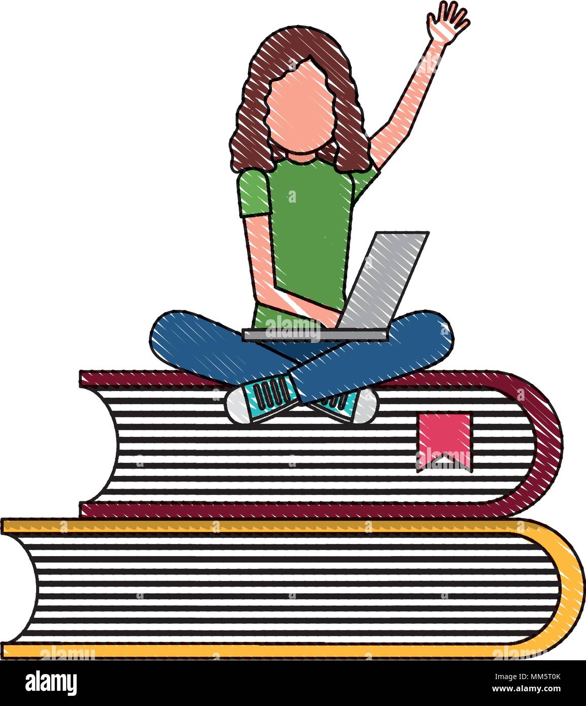 student young girl with laptop sitting in pile of books vector illustration Stock Vector
