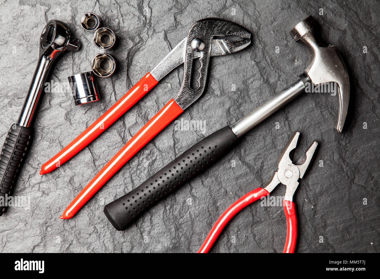 DIY Tools set with different types of wrenches, hammer and pliers Stock