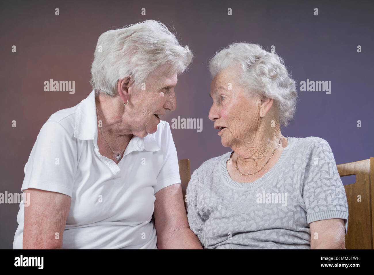 Two senior women talking Stock Photo