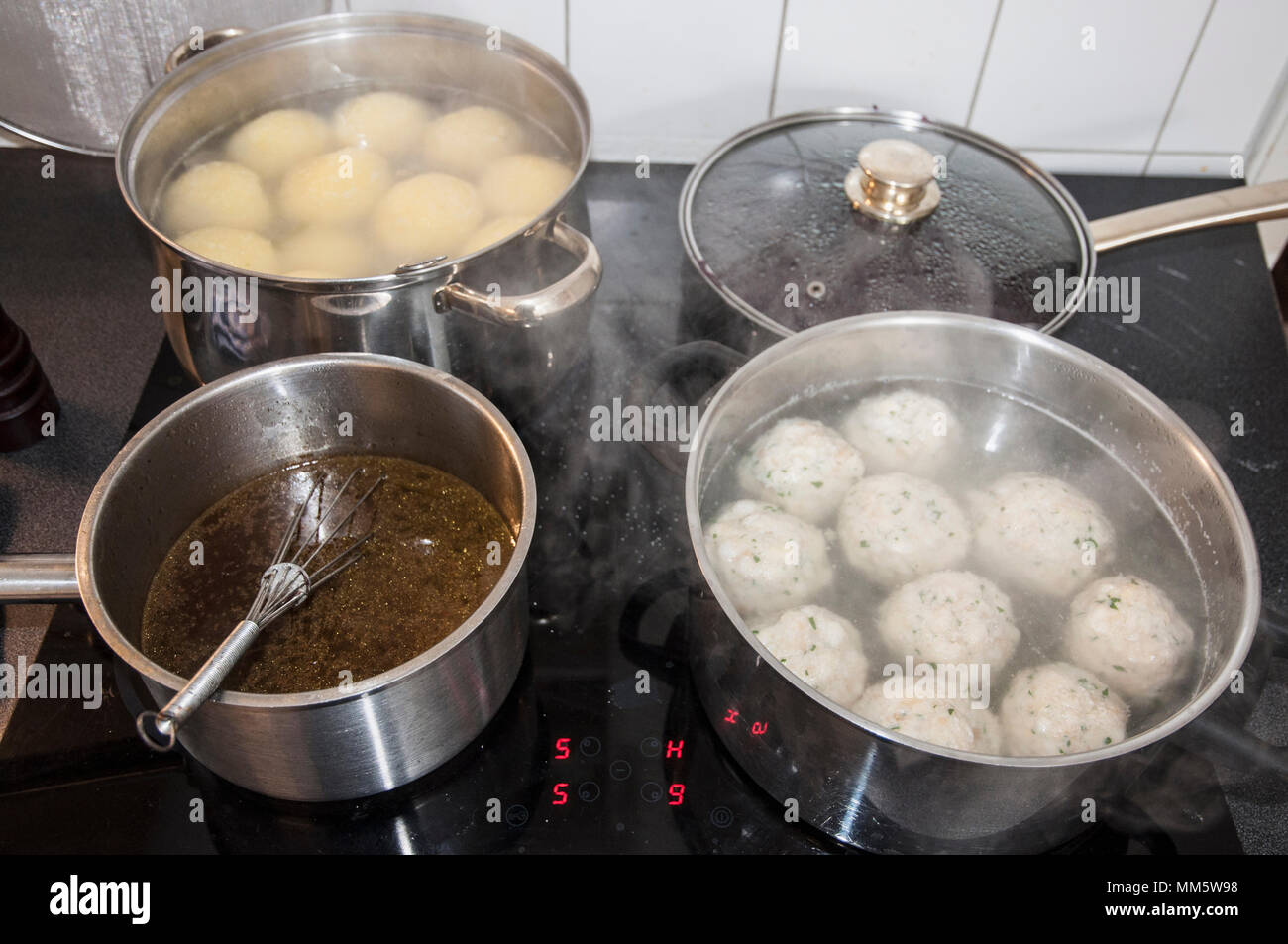 Cooking pots with bread dumplings, potato dumpling and sauce Stock