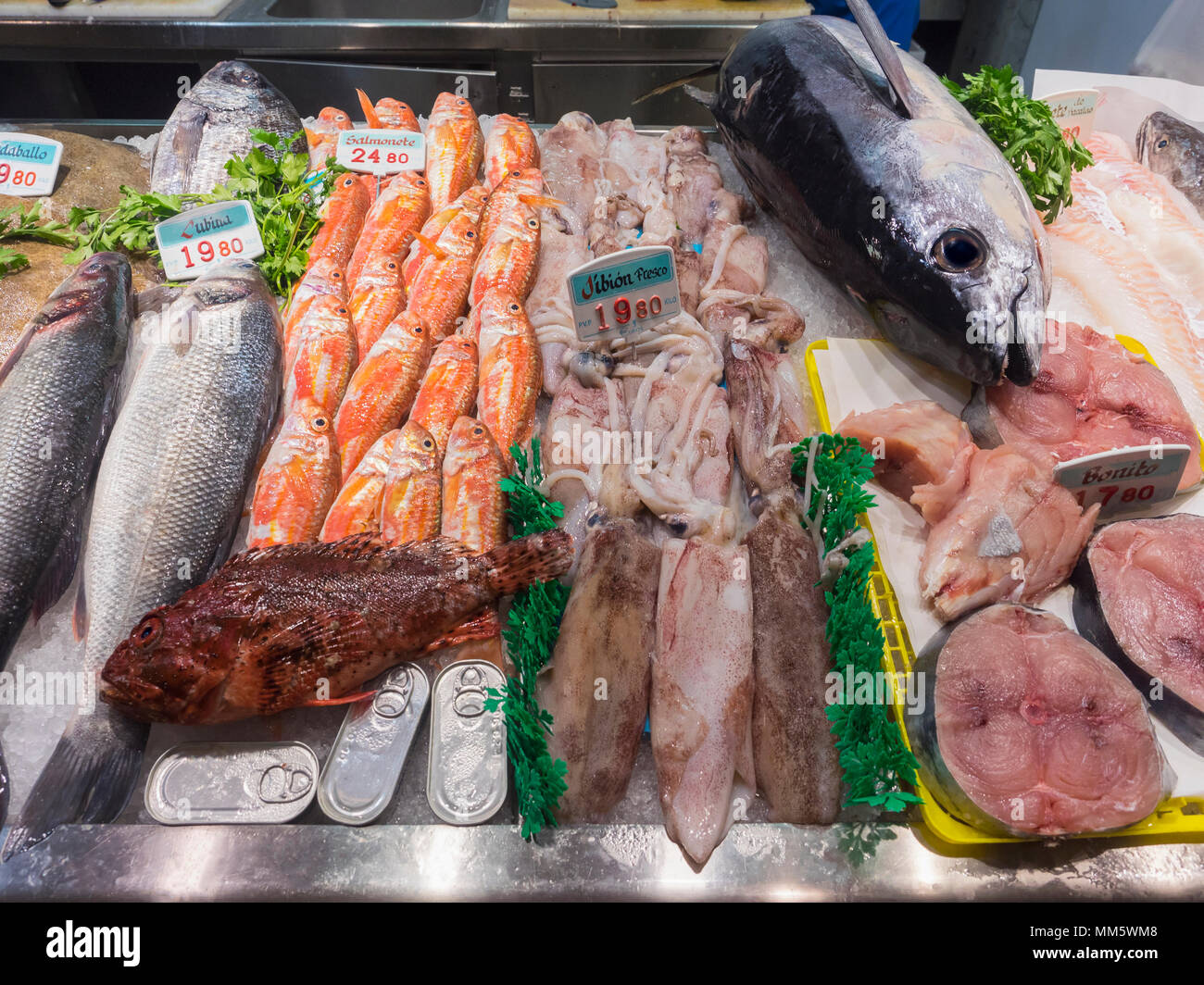 Variety of seafood for sale in fish market Stock Photo