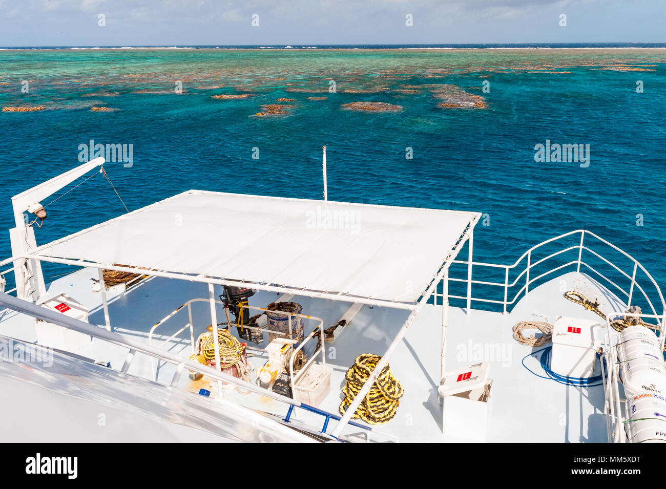 The deck of a live aboard dive boat with coiled ropes just by the Great