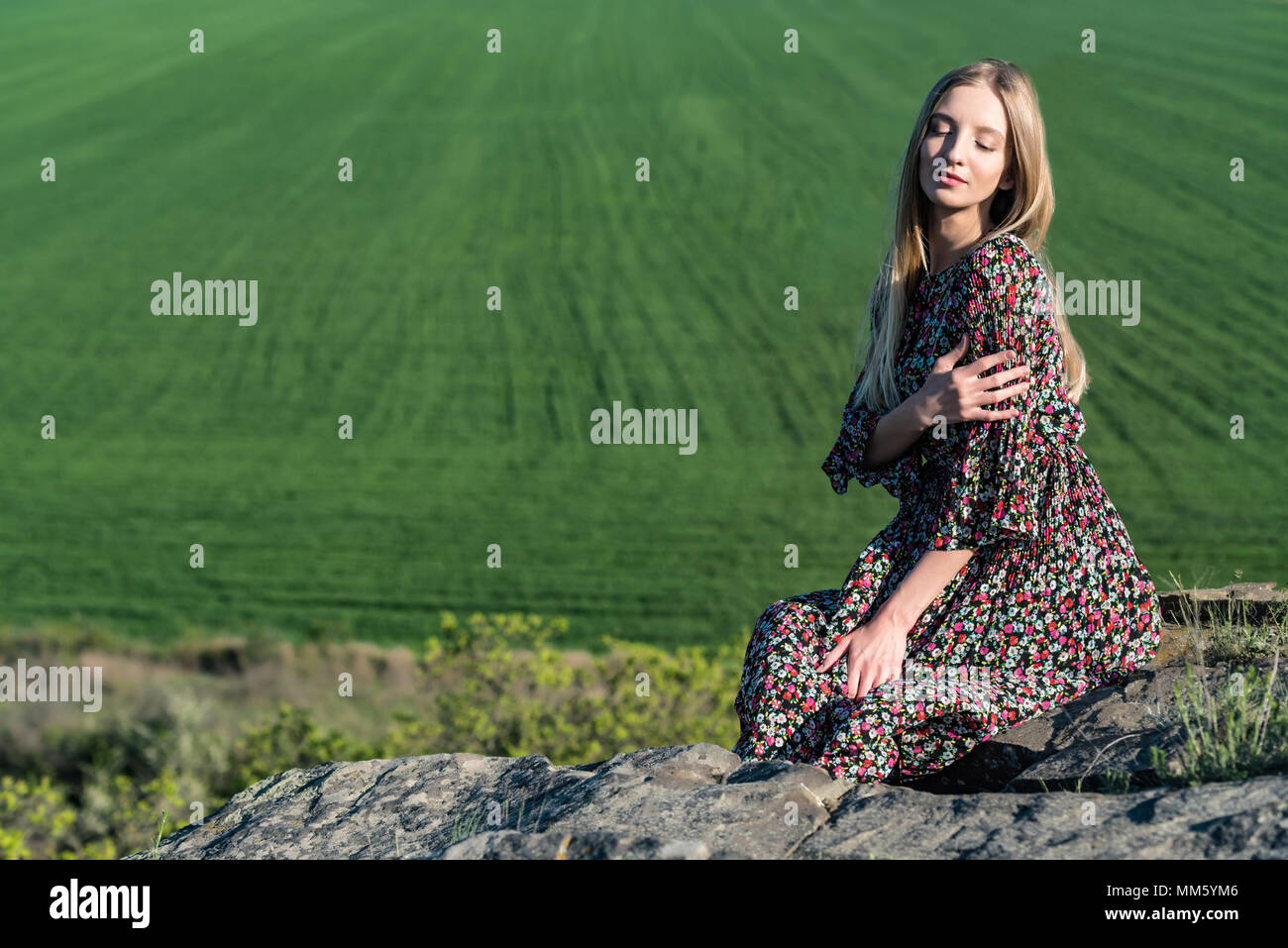 Beautiful girl in dress poses on rock in nature Stock Photo - Alamy