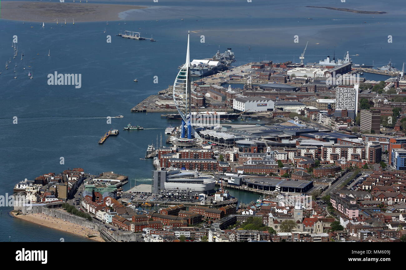 Aerial view of Portsmouth including HMS Queen Elizabeth the new Royal Navy Aircraft Carrier Stock Photo