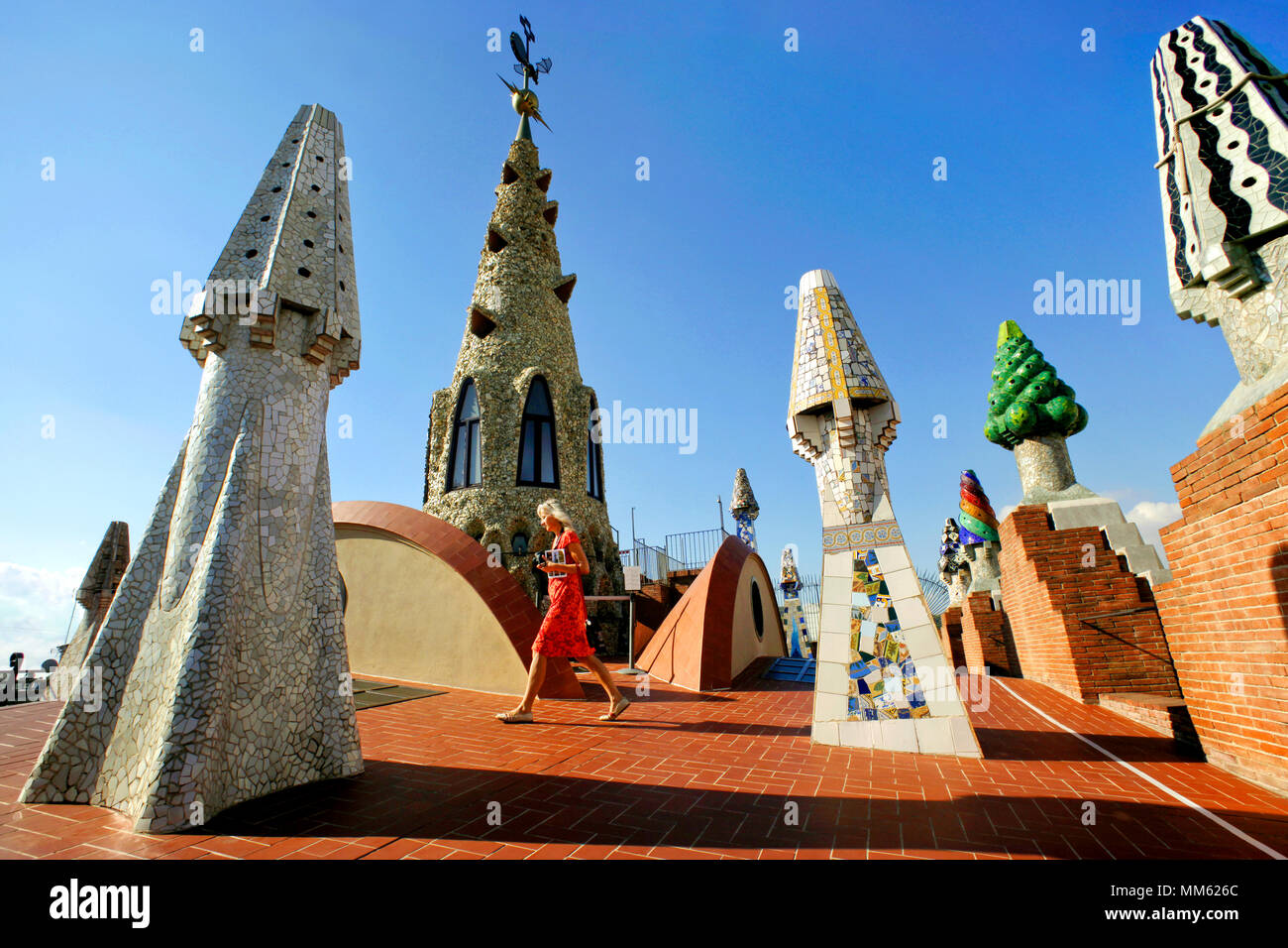 Chimneys by Antoni Gaudi atop the Palau Güell Mansion, Barcelona, Catalonia, Spain Stock Photo