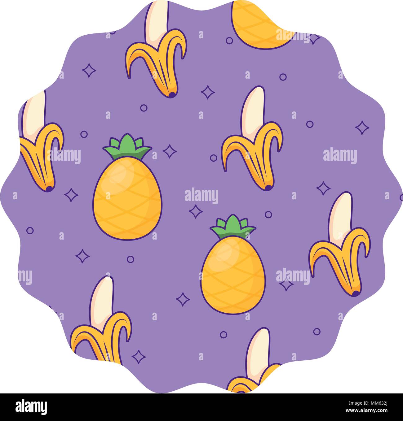 circular frame with bananas and pineapples pattern over white background, vector illustration Stock Vector