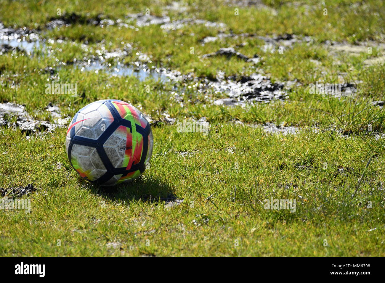 Waterlogged football pitch Stock Photo