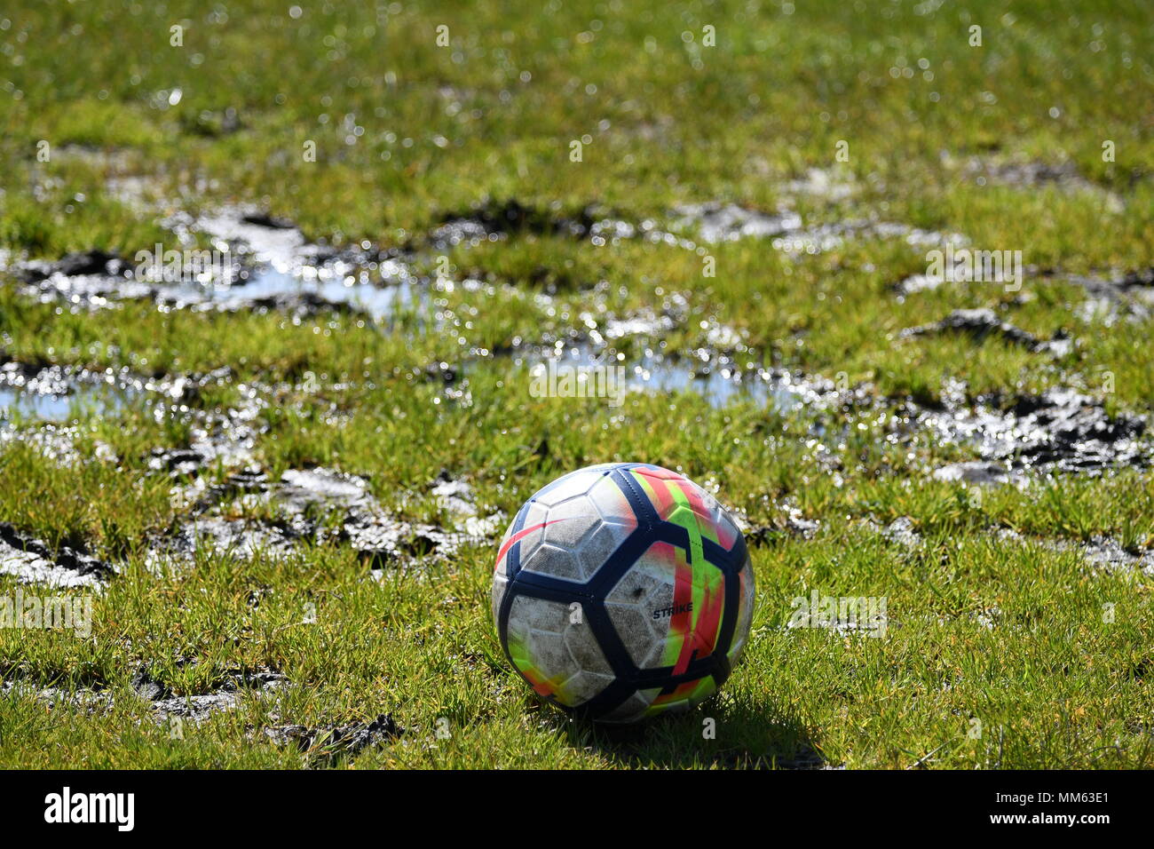 Waterlogged football pitch Stock Photo