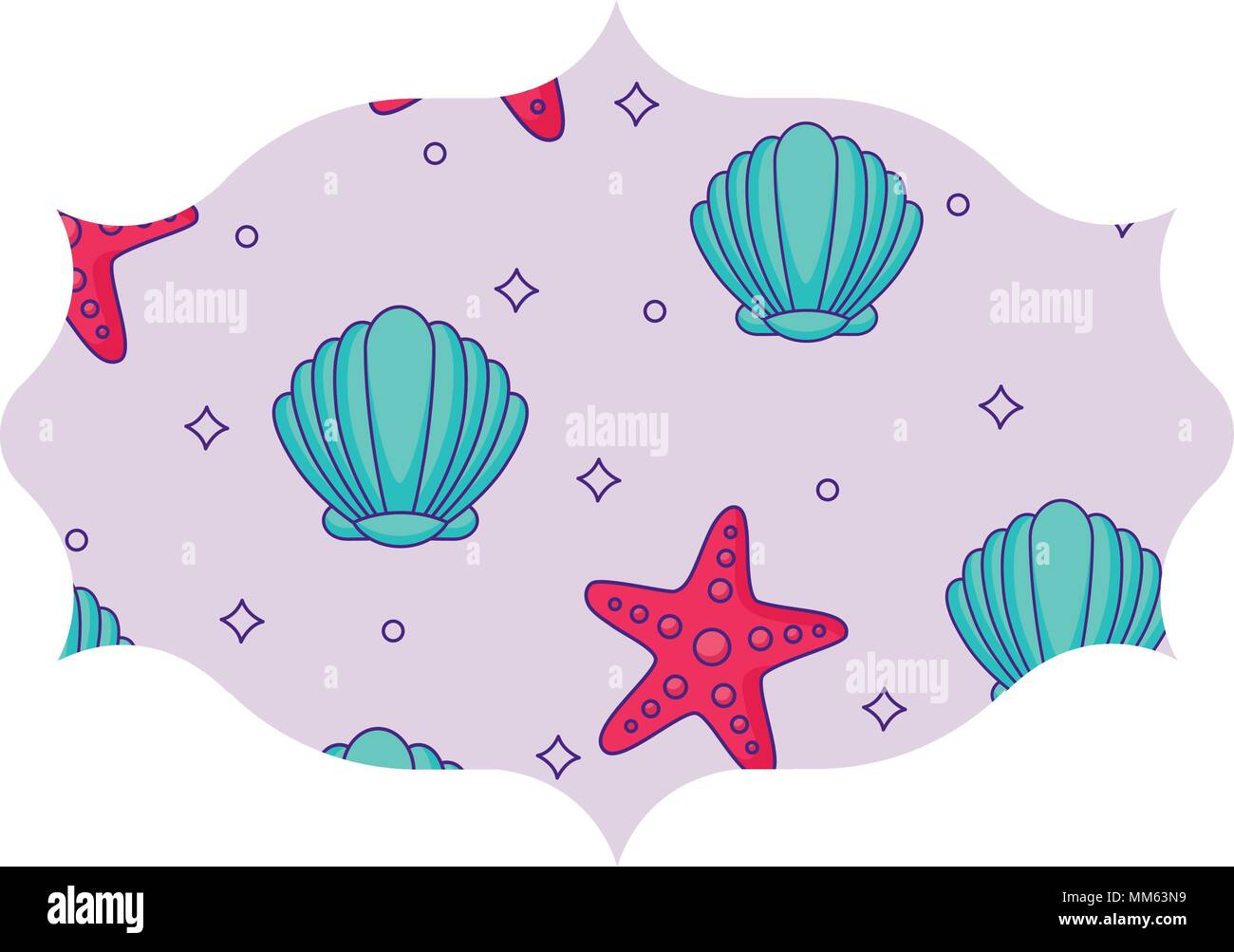 arabic frame with seashells and sea stars pattern over white background, vector illustration Stock Vector