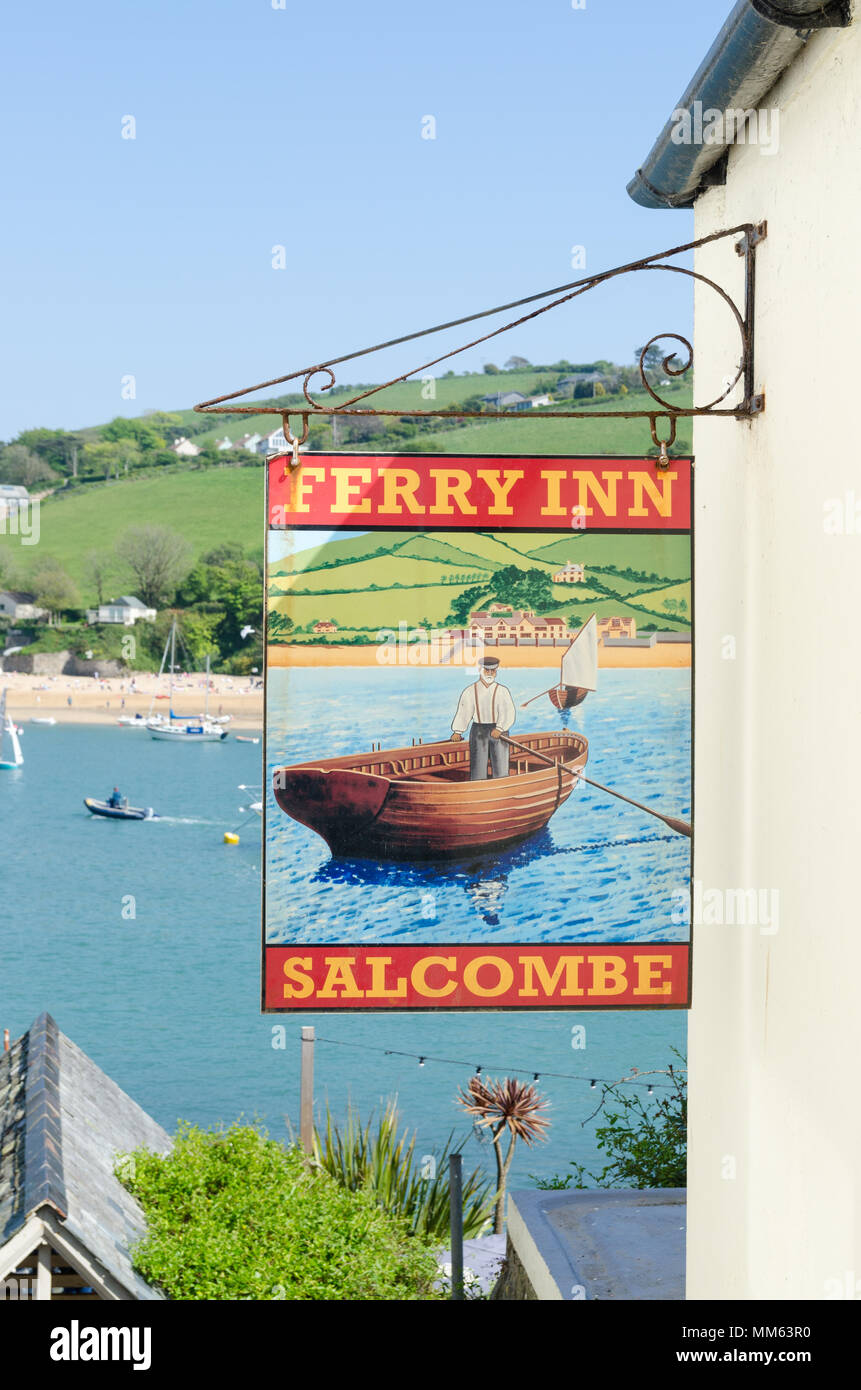Sign for the Ferry Inn pub in Salcombe, Devon which overlooks the Salcombe estuary Stock Photo