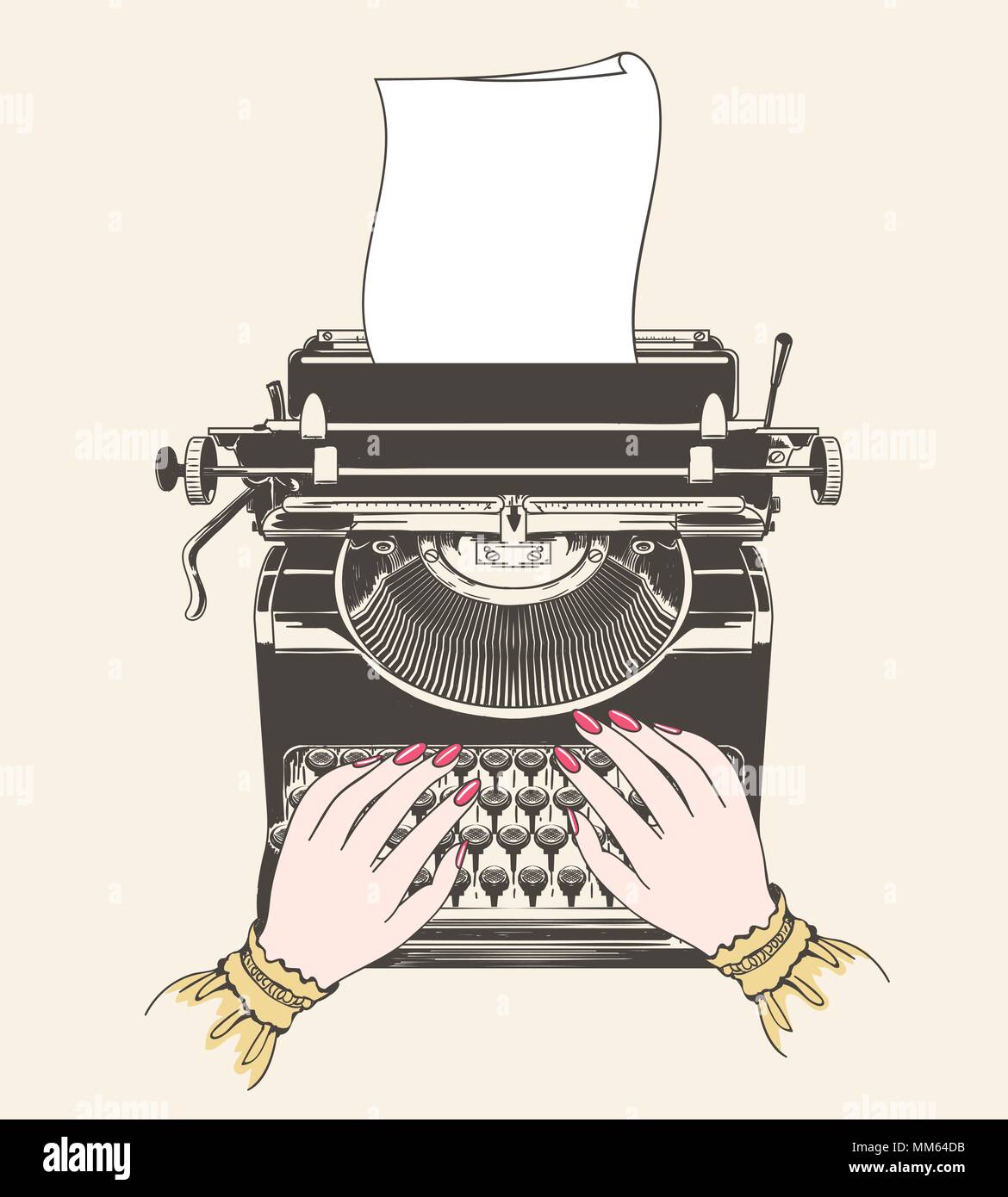 Copywriter concept. Copywriting or blogging vector illustration with vintage typewriter and author hands Stock Vector