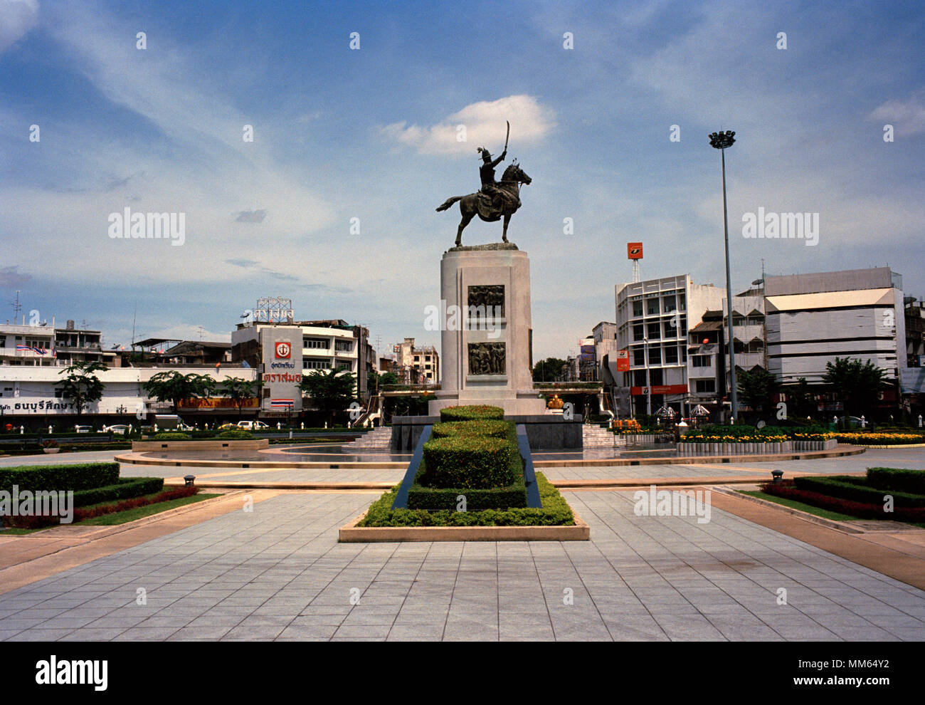 Thai History - King Taksin statue in Wong Wian Yai in Bangkok in Thailand in Southeast Asia Far East. Historical Travel Stock Photo