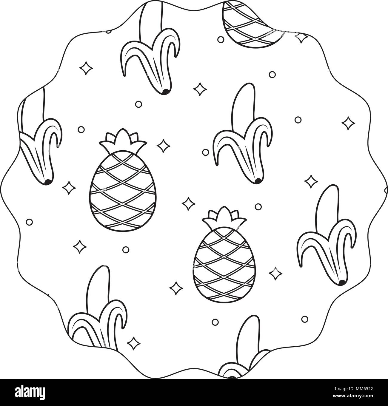 circular frame with bananas and pineapples pattern over white background, vector illustration Stock Vector