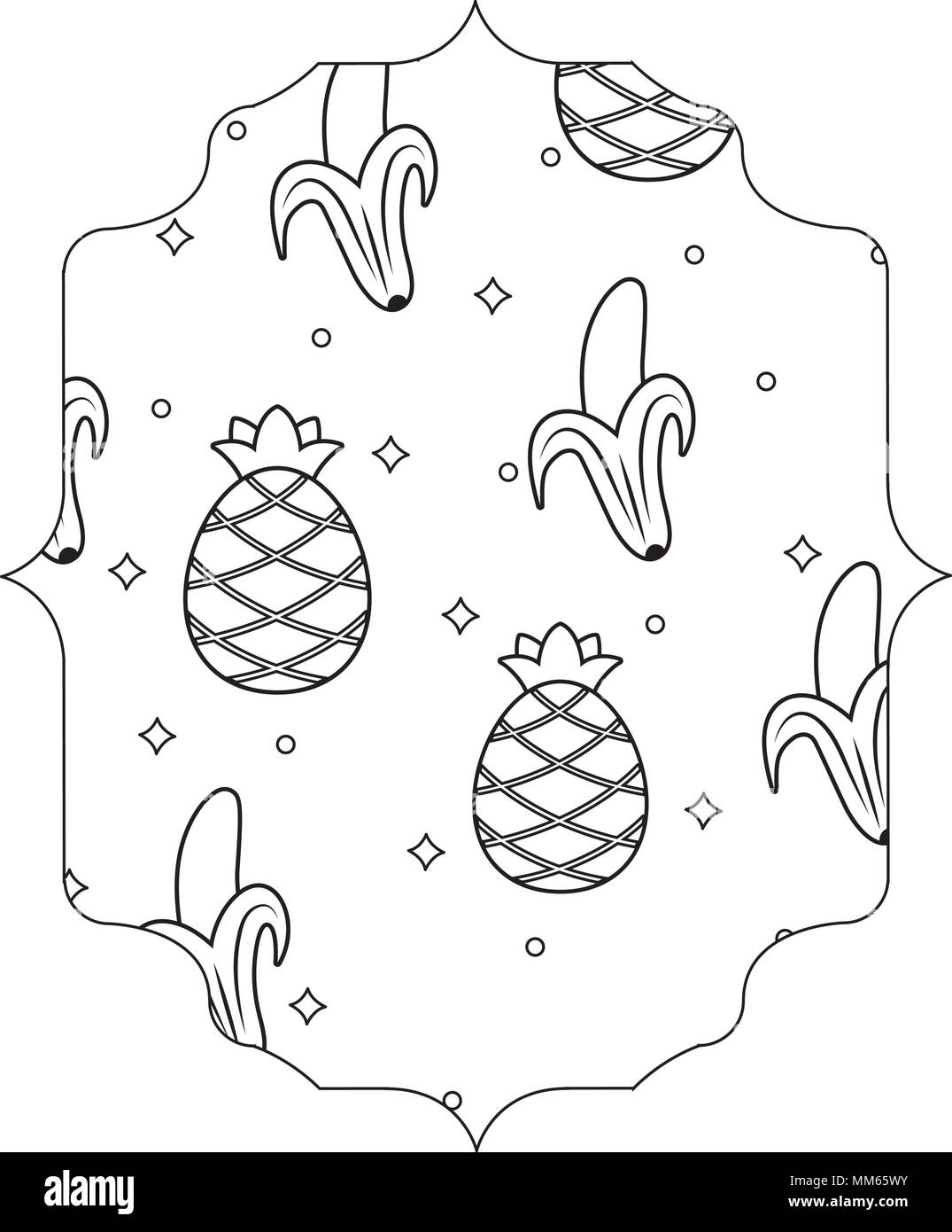 arabic frame with bananas and pineapples pattern over white background, vector illustration Stock Vector