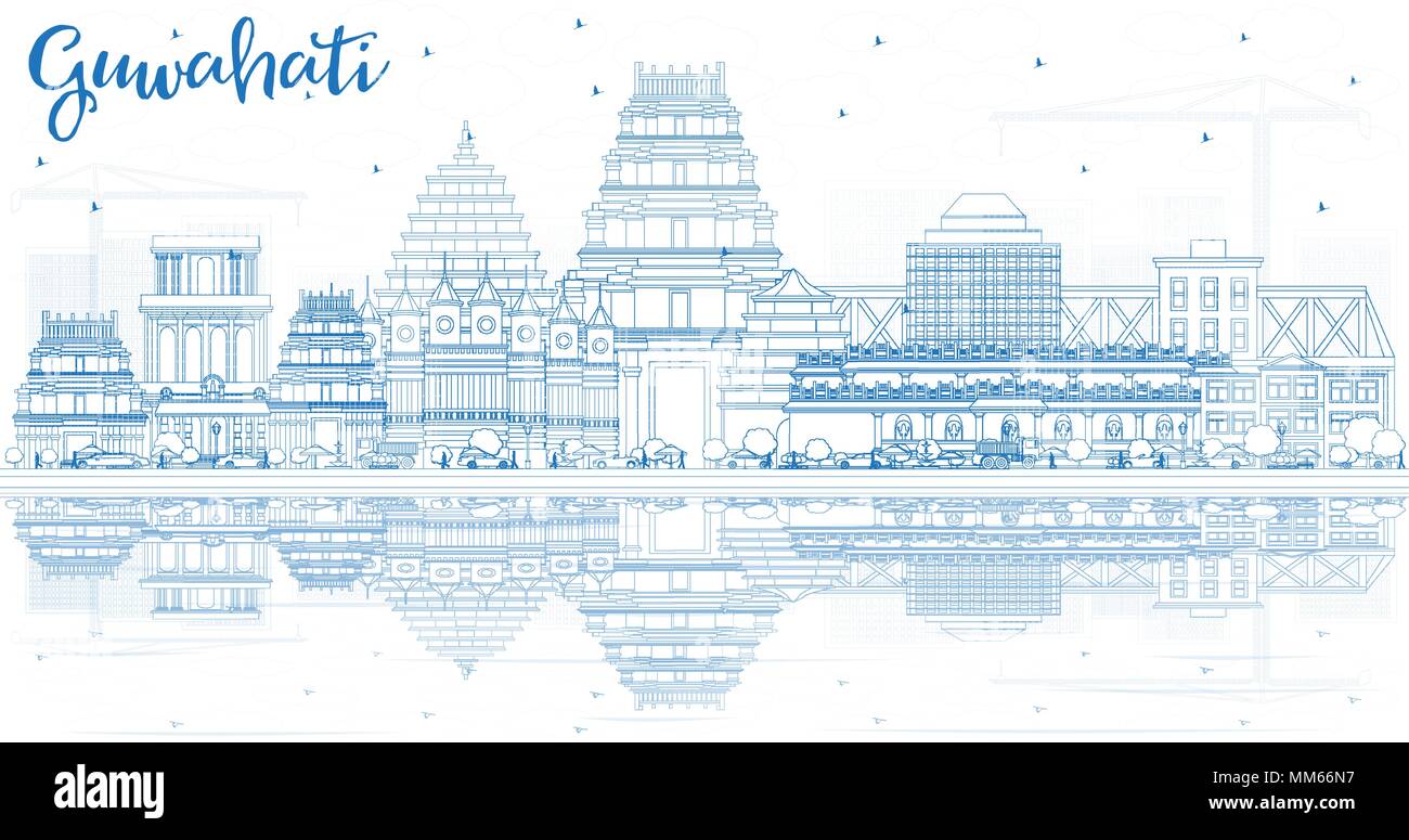 Outline Guwahati India City Skyline with Blue Buildings and Reflections