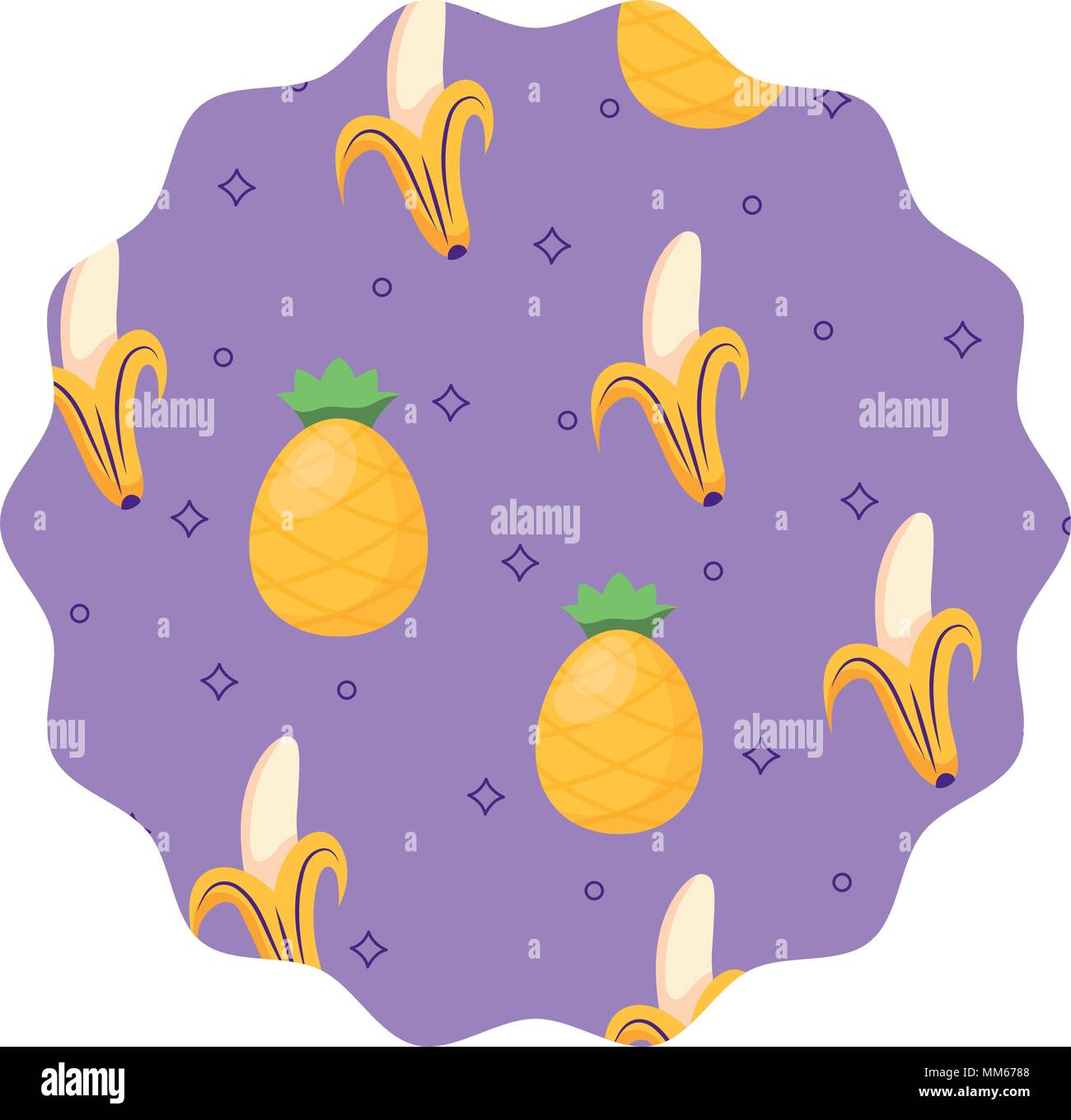 circular frame with bananas and pineapples pattern over white background, vector illustration Stock Vector
