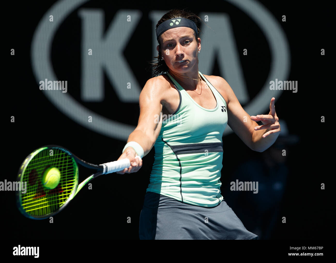 Latvian tennis player Anastasija Sevastova playing forehand shot in