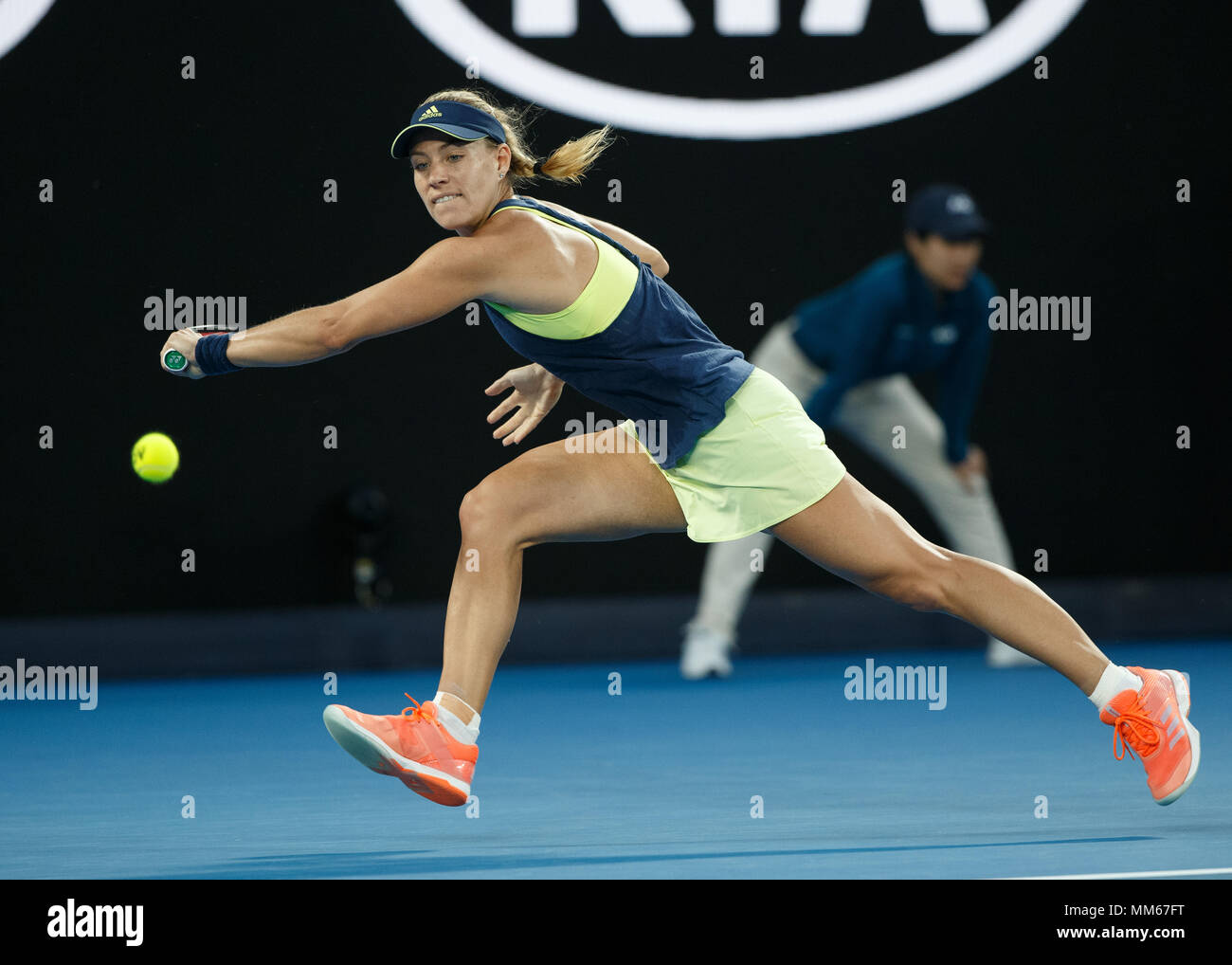 German tennis player Angelique Kerber playing backhand shot in Australian  Open 2018 Tennis Tournament, Melbourne Park, Melbourne, Victoria, Australia  Stock Photo - Alamy