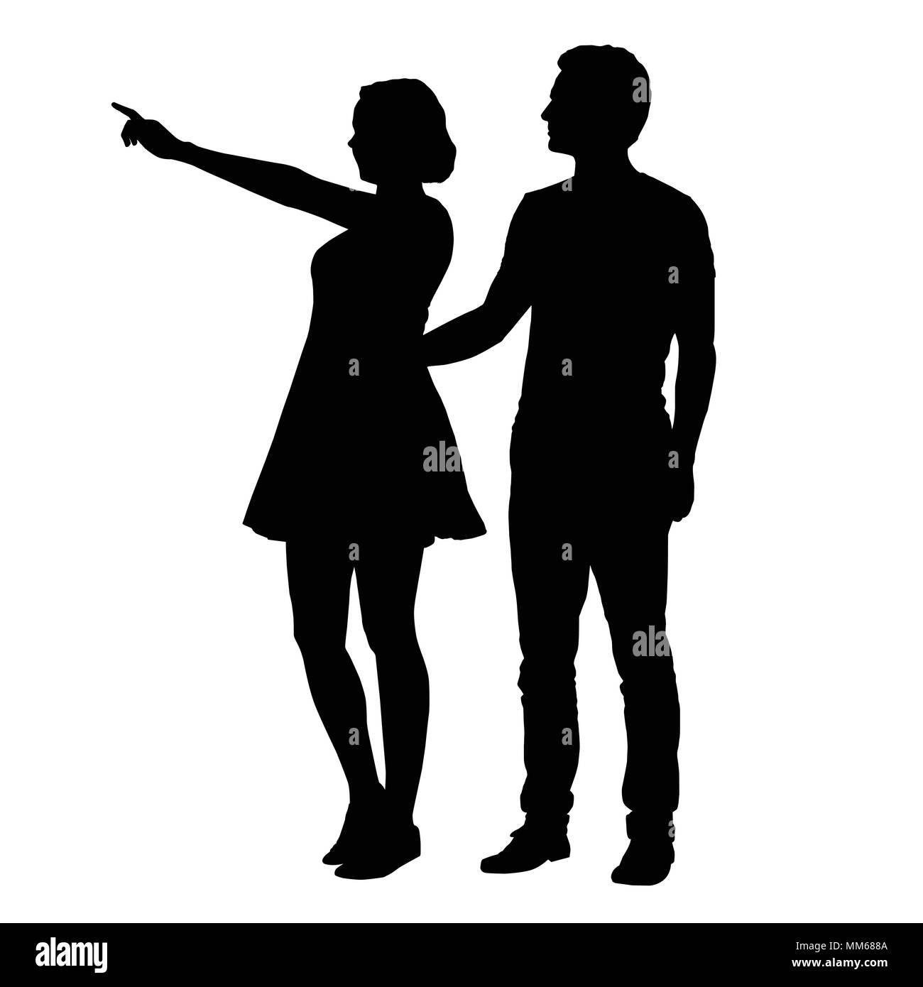 Vector silhouette of boy and girl standing together and pointing finger - isolated on white background Stock Vector