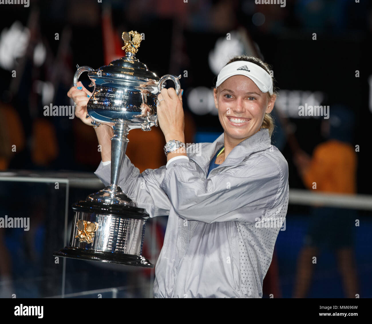 Danish tennis player Caroline Wozniacki poses with the championship trophy  after winning women's singles final match in Australian Open 2018 Tennis To  Stock Photo - Alamy