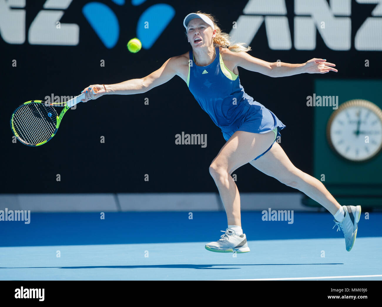 Danish tennis player Caroline Wozniacki playing forehand shot in Australian  Open 2018 Tennis Tournament, Melbourne Park, Melbourne, Victoria, Australi  Stock Photo - Alamy