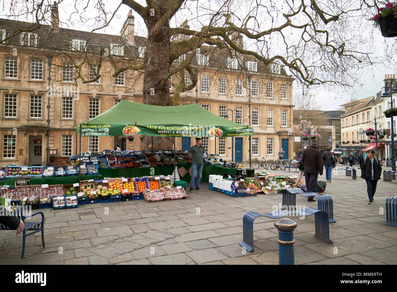 fruit market stall in kingsmead square under the london plane tree Bath England UK Stock Photo