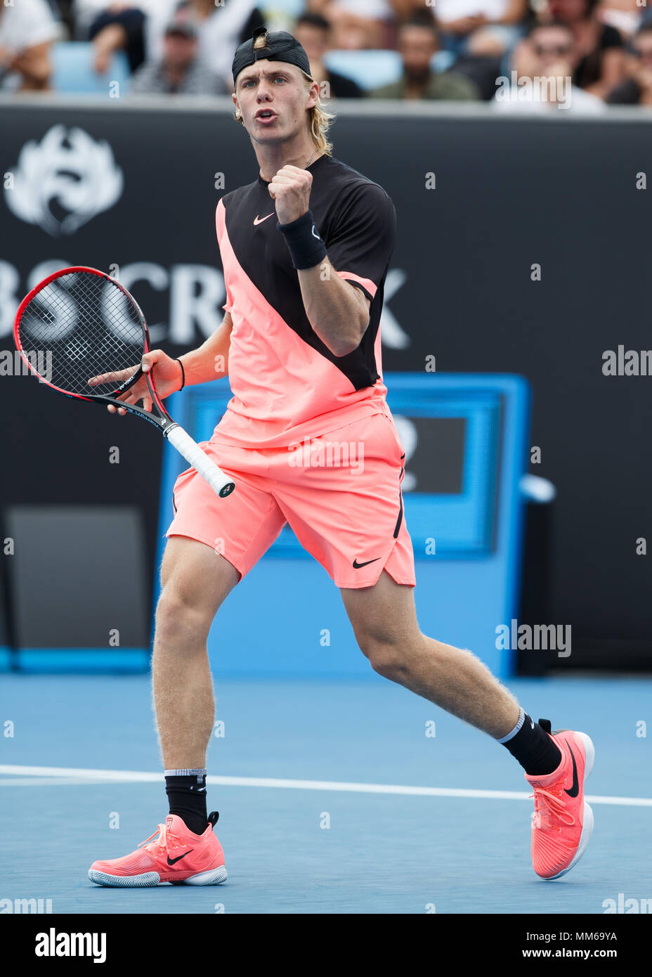 Canadian tennis player Denis Shapovalov making a fist and cheering during  men's singles match in Australian Open 2018 Tennis Tournament, Melbourne  Par Stock Photo - Alamy