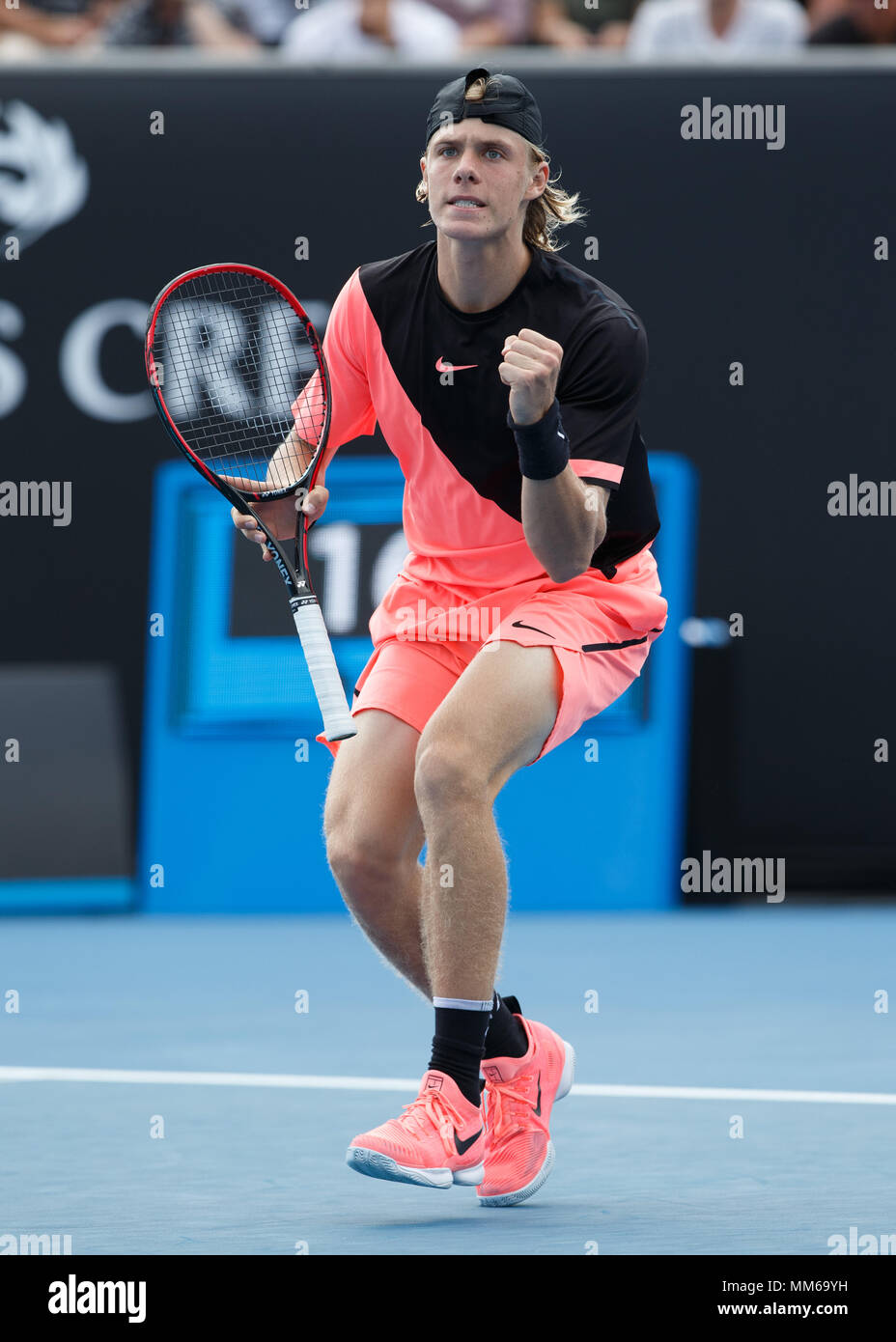 Canadian tennis player Denis Shapovalov making a fist and cheering during  men's singles match in Australian Open 2018 Tennis Tournament, Melbourne  Par Stock Photo - Alamy