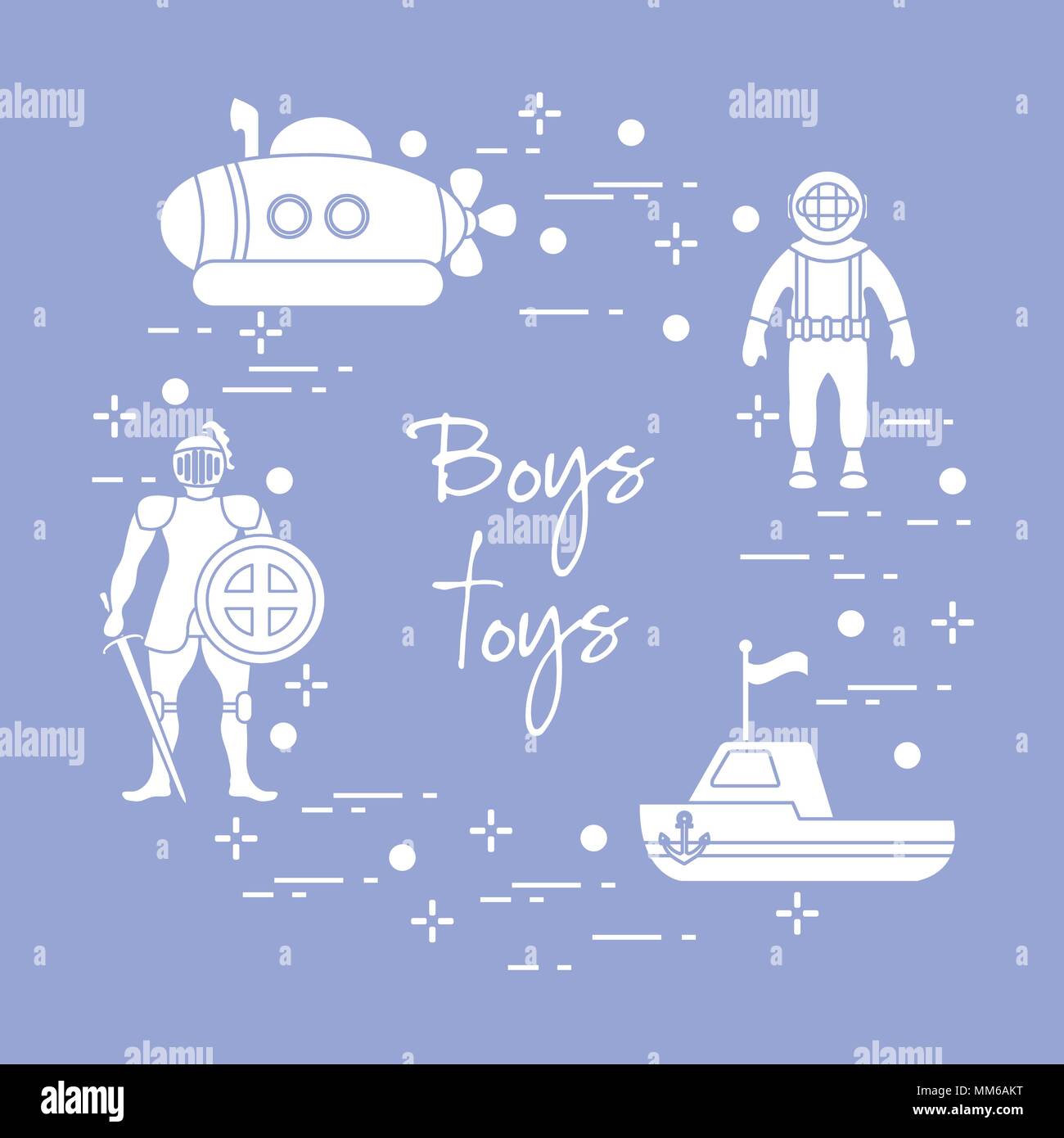 Children's toys for the boy: knight with shield and sword, submarine, diver, ship. Design element for postcard, banner or print. Stock Vector
