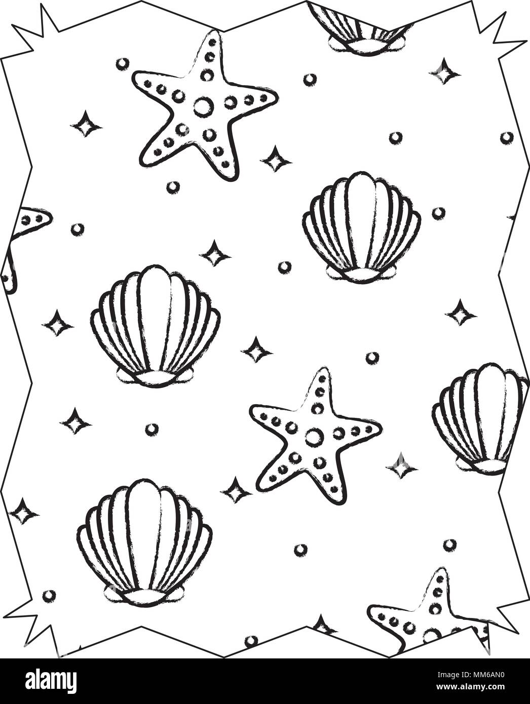 abstract frame with seashells and sea stars pattern over white background, vector illustration Stock Vector