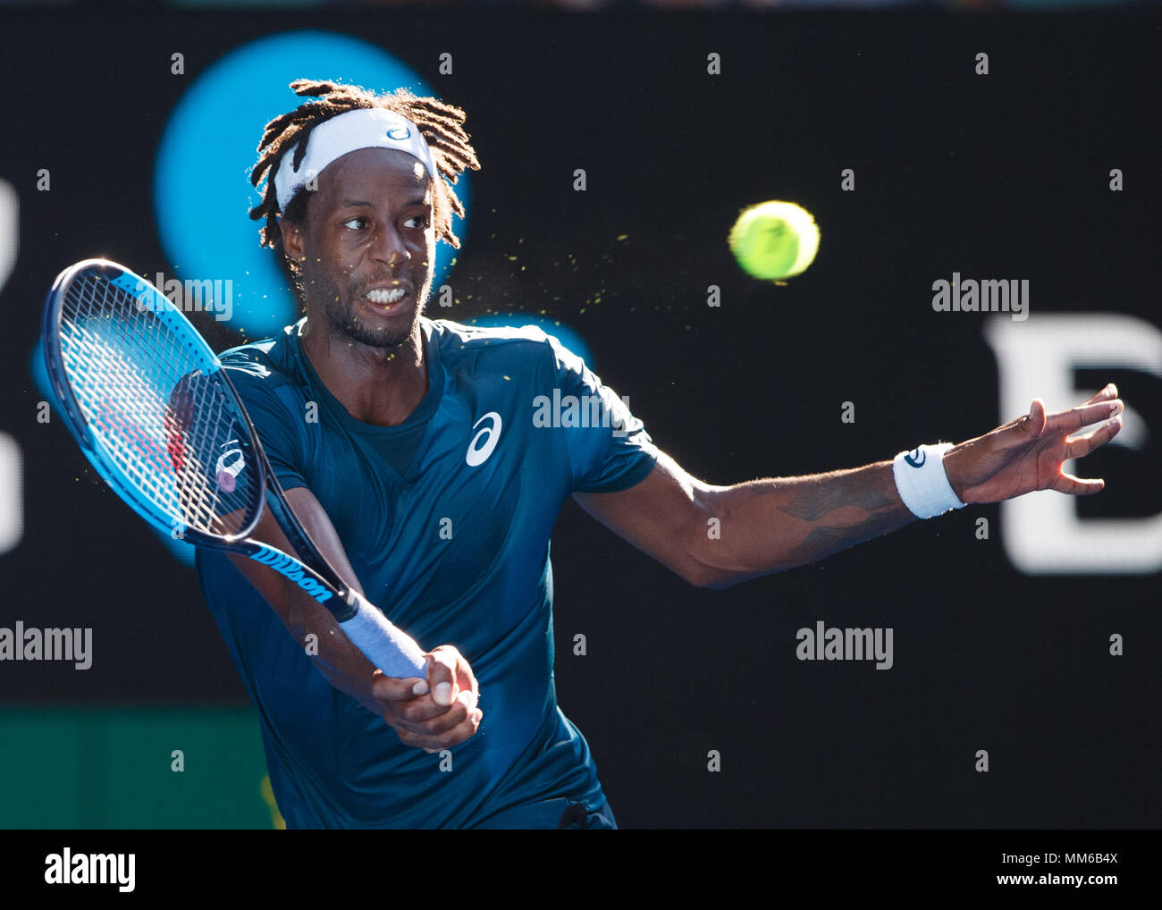 French Tennis Player Gael Monfils Playing Forehand Shot In Australian Open 2018 Tennis Tournament Melbourne Park Melbourne Victoria Australia Stock Photo Alamy