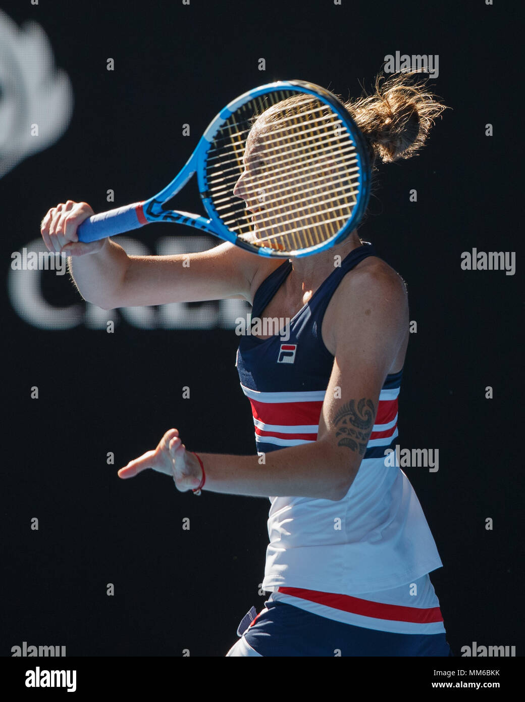 Czech tennis player Karolina Pliskova playing forehand shot in Australian  Open 2018 Tennis Tournament, Melbourne Park, Melbourne, Victoria, Australia  Stock Photo - Alamy