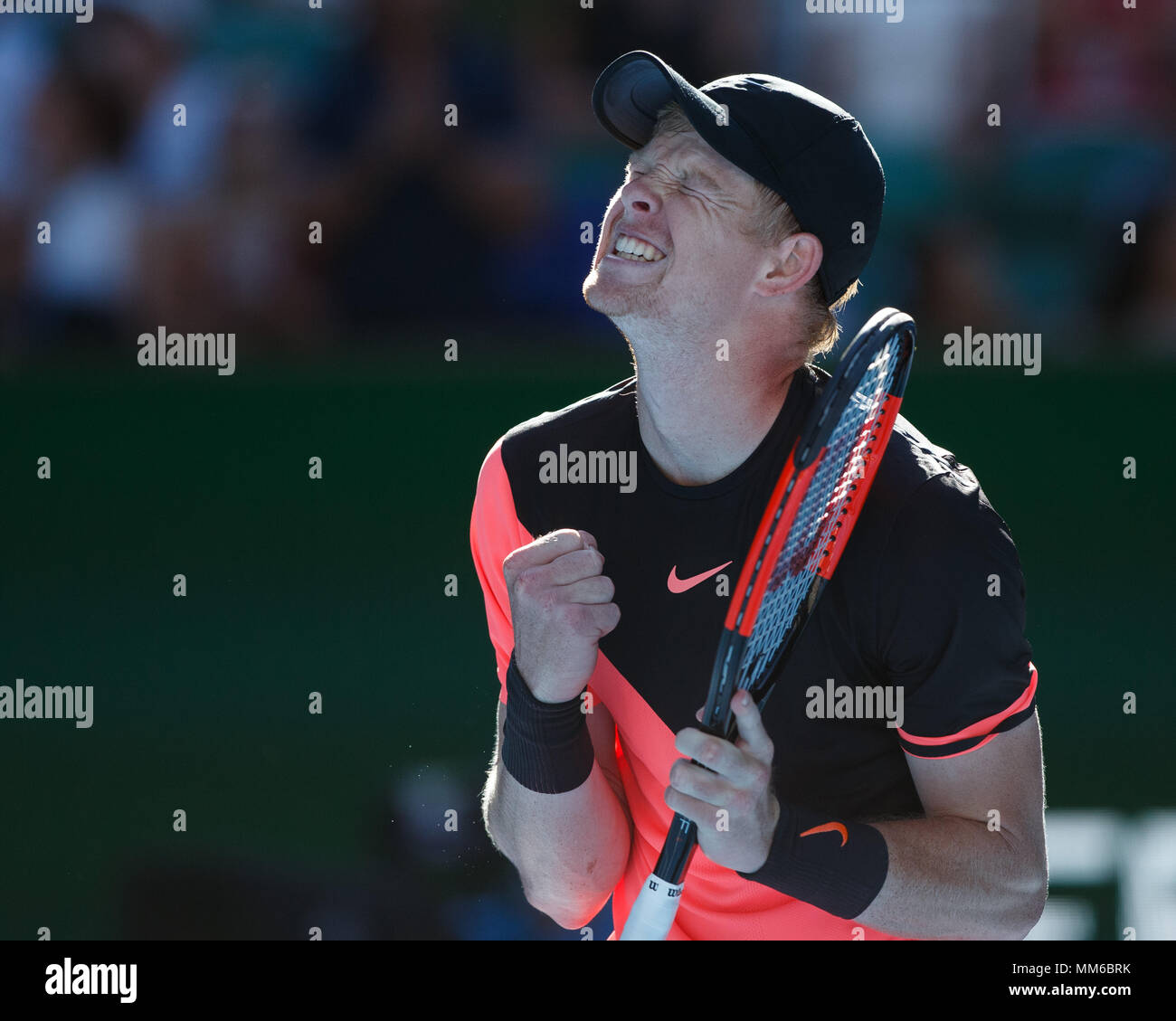 British tennis player Kyle Edmund making a fist and cheering during men's singles match in Australian Open 2018 Tennis Tournament, Melbourne Park, Mel Stock Photo