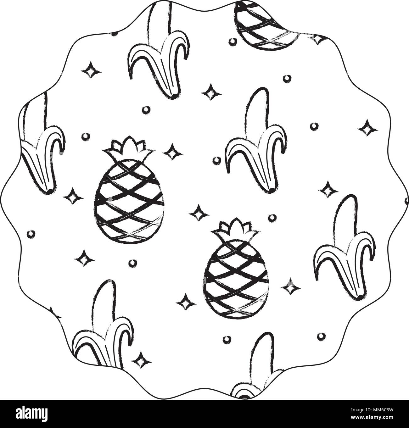 circular frame with bananas and pineapples pattern over white background, vector illustration Stock Vector