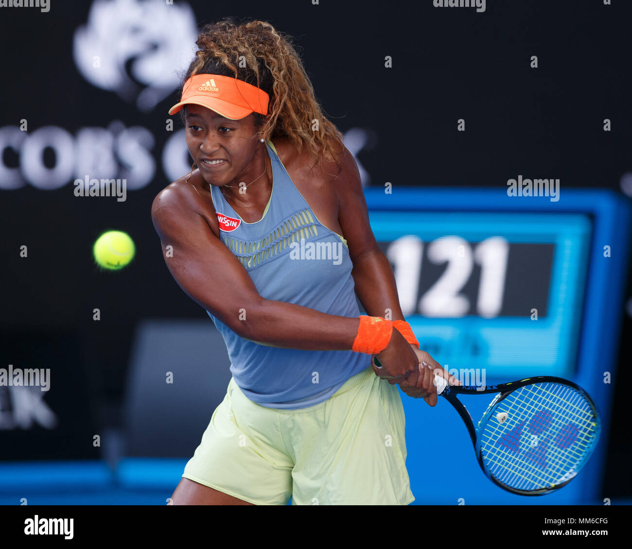 Japanese tennis player Naomi Osaka playing backhand shot in Australian Open 2018 Tennis Tournament, Melbourne Park, Melbourne, Victoria, Australia. Stock Photo