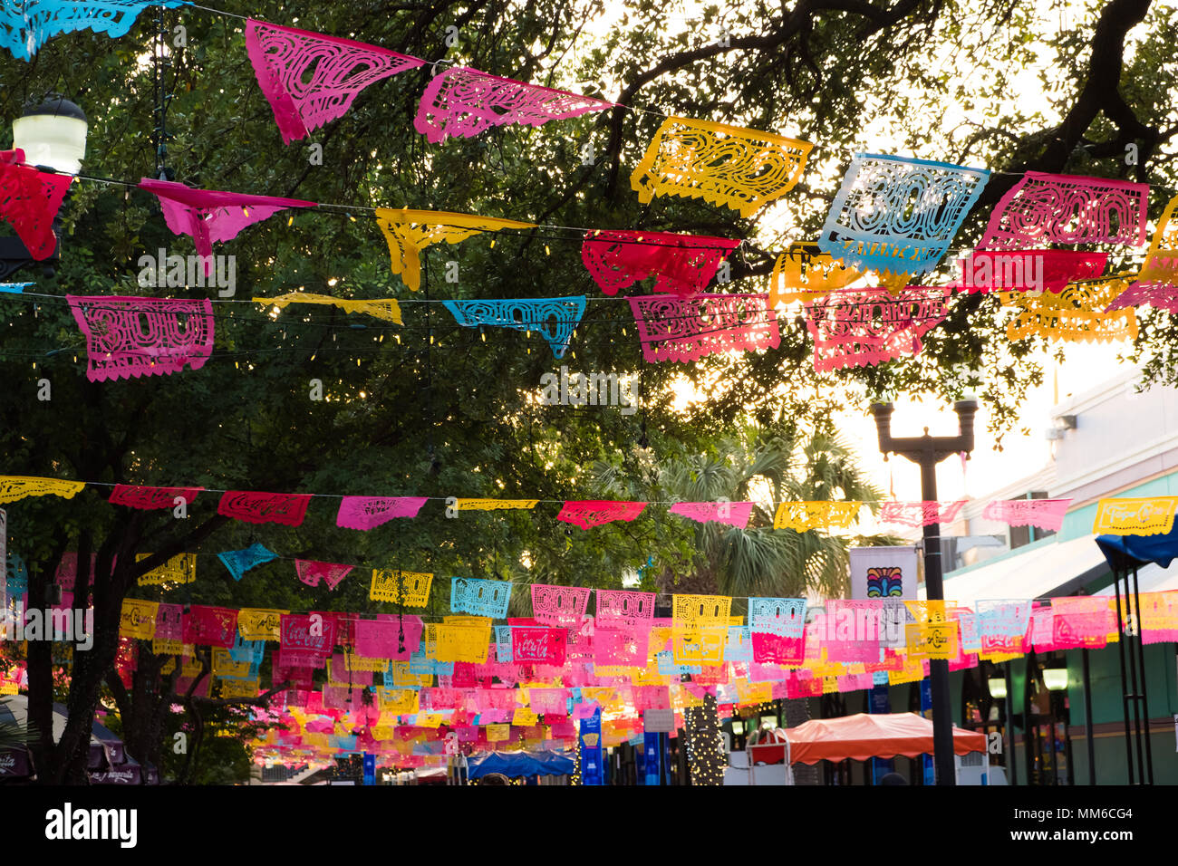 San Antonio, Texas - April 18, 2018: Fiesta flags are put up for the tricentennial year of the city of San Antonio, TX. Stock Photo