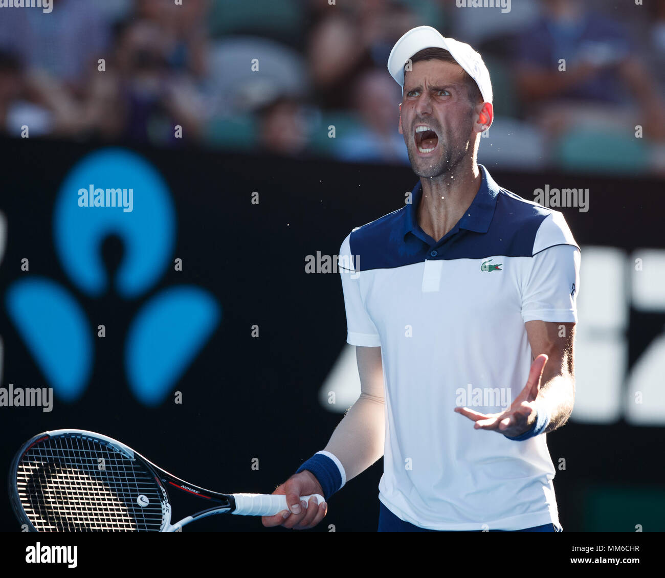 Serbian tennis player Novak Djokovic reacts emotional at the Australian  Open 2018 Tennis Tournament, Melbourne Park, Melbourne, Victoria, Australia  Stock Photo - Alamy
