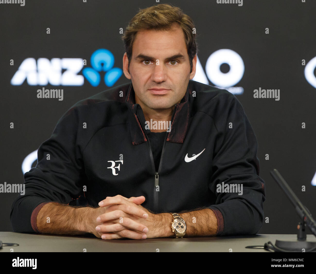 Swiss tennis player Roger Federer at press conference during Australian Open 2018 Tennis Tournament, Melbourne Park, Melbourne, Victoria, Australia. Stock Photo