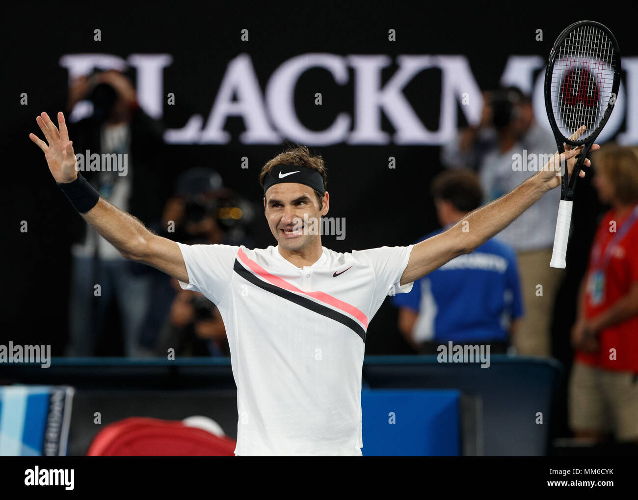 Swiss tennis player Roger Federer celebrating during men's singles match in  Australian Open 2018 Tennis Tournament, Melbourne Park, Melbourne, Victor  Stock Photo - Alamy