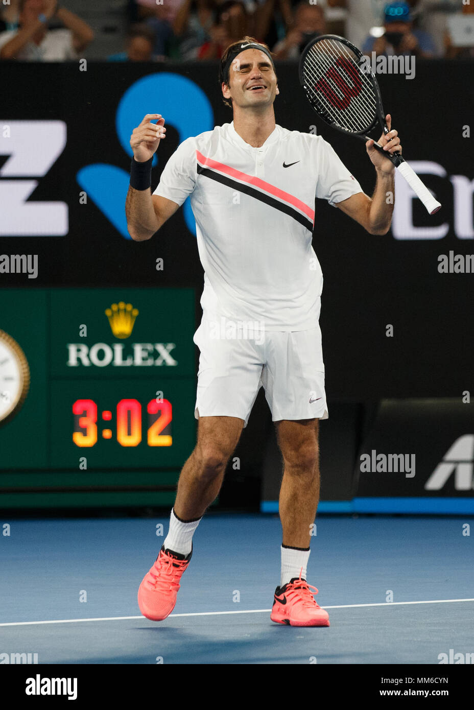 Swiss tennis player Roger Federer celebrating during men's singles match in Australian  Open 2018 Tennis Tournament, Melbourne Park, Melbourne, Victor Stock Photo  - Alamy