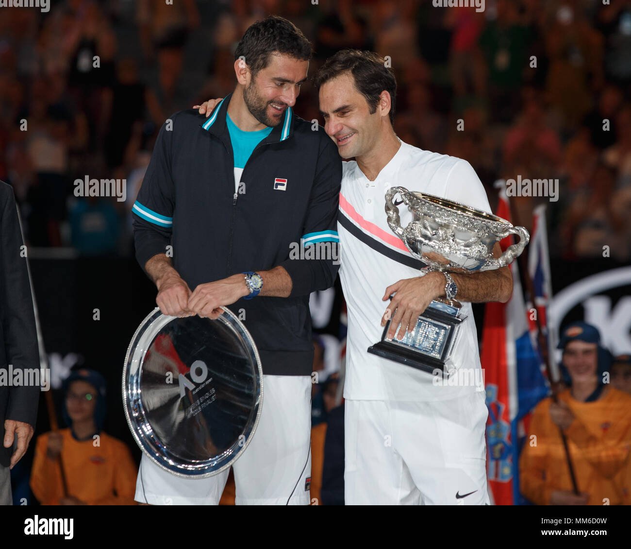Swiss tennis player Roger Federer and Croatian tennis player Marin Cilic  holding their trophies during the award ceremony in Australian Open 2018,  Mel Stock Photo - Alamy
