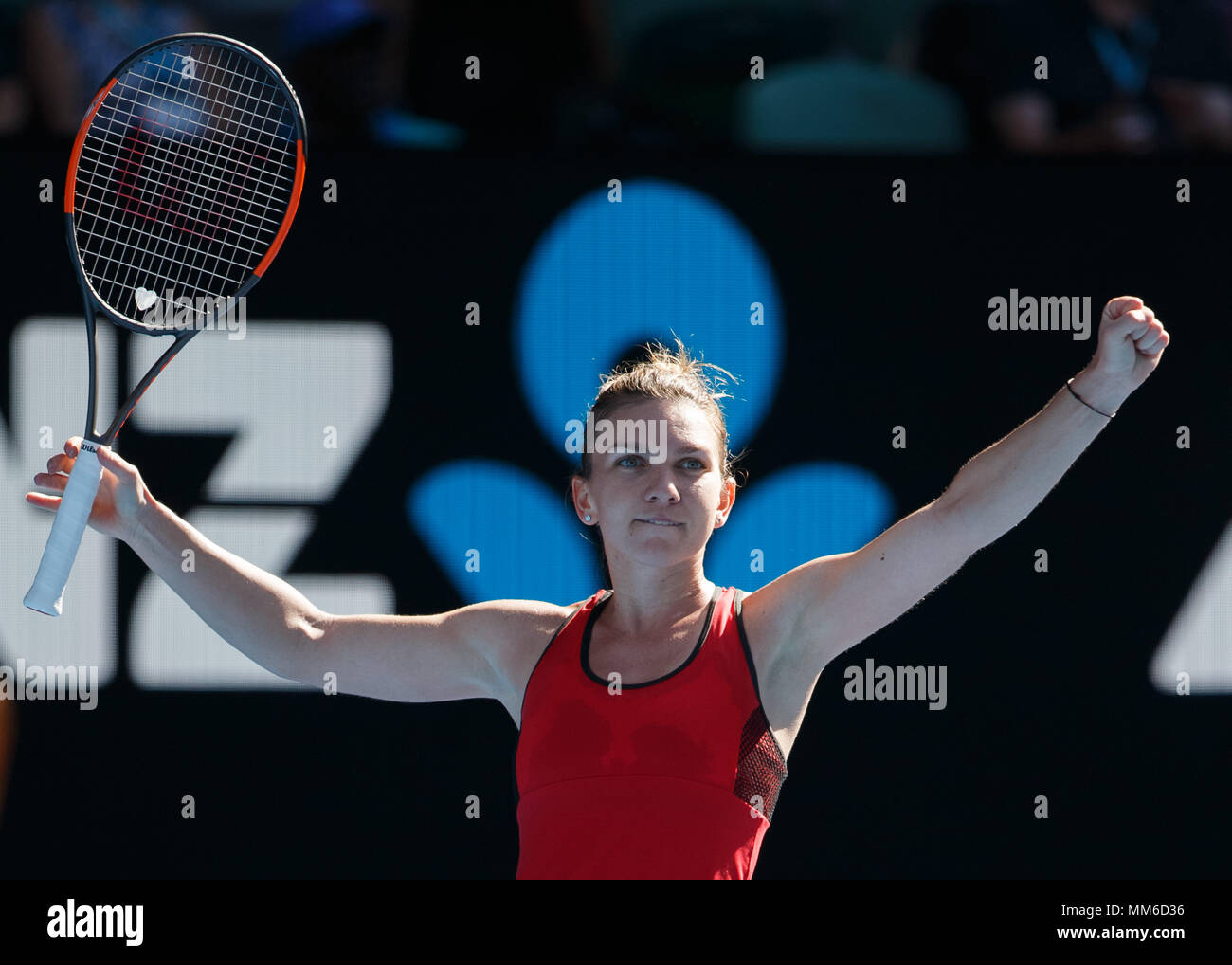 Roumanian Tennis Player Simona Halep Celebrating Match Point During Women S Singles Match In Australian Open 2018 Tennis Tournament Melbourne Park M Stock Photo Alamy