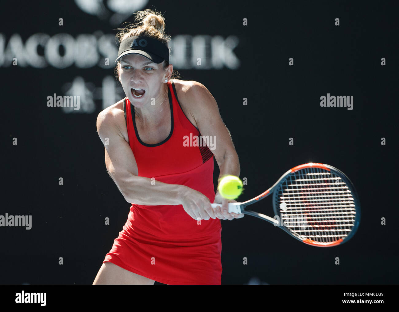 Roumanian tennis player Simona Halep playing backhand shot in Australian  Open 2018 Tennis Tournament, Melbourne Park, Melbourne, Victoria, Australia  Stock Photo - Alamy