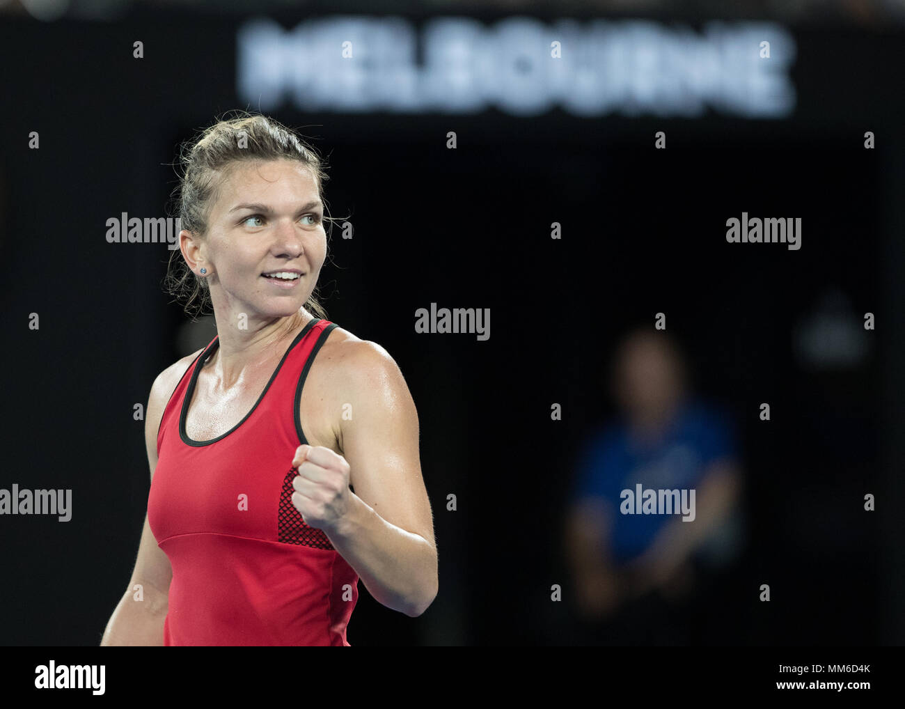 Roumanian  tennis player Simona Halep making a fist and cheering during women's singles match in Australian Open 2018 Tennis Tournament, Melbourne Par Stock Photo