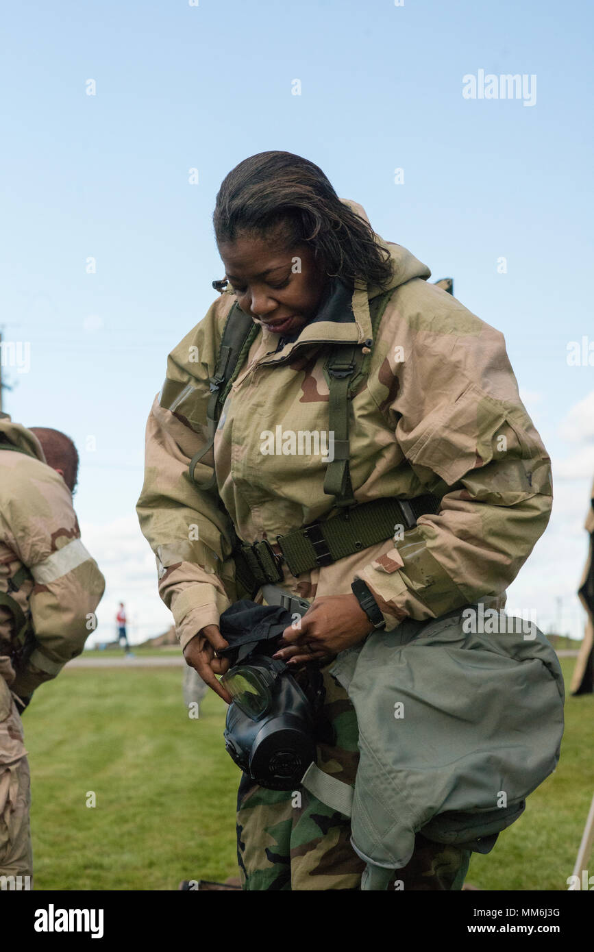 Tech. Sgt. Lavenia Anderson, a Reserve Citizen Airman from the 914th Air Refueling Wing, participates in an annual readiness assessment, conducted at Niagara Falls Air Reserve Station, N.Y., September 9, 2017. The assessment is meant to guage the unit's ability to operate in different protective postures (MOPP) as well as perform self aid and buddy care. (U.S. Air Force photo by Tech. Sgt. Steph Sawyer) Stock Photo