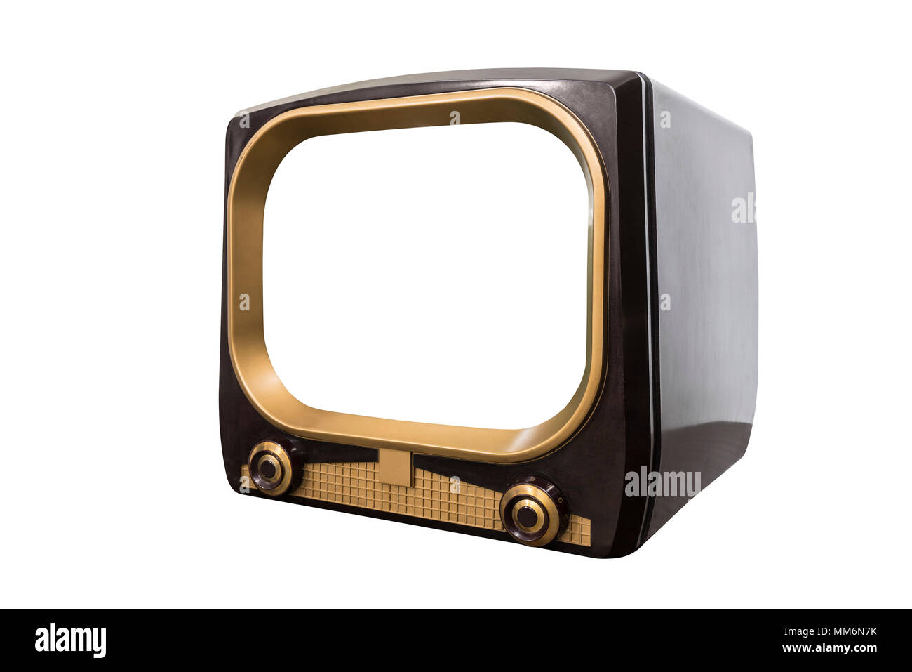 Vintage 1950s television isolated on white with cut out screen and clipping path. Stock Photo
