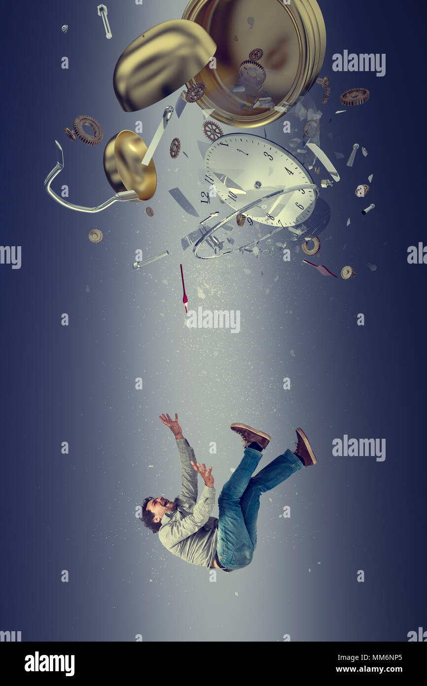 falling man and 3d anbstract broken clock Stock Photo Alamy