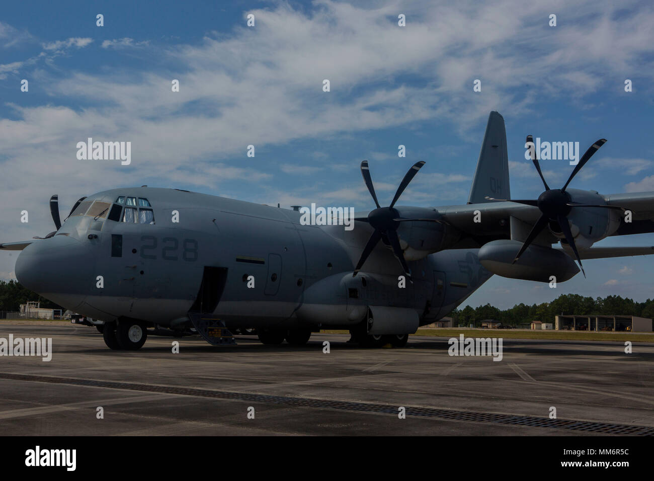 Gulfport, MISS. – A KC 130J, belonging to Marine Aerial Refueler Transport Squadron 234, 4th Marine Aircraft Wing, Marine Forces Reserve, receives fuel at the Million Air Fixed Base Operator, Gulfport, Miss., in preparation to deliver fuel to a forward arming and refueling point in Key West, Florida. Marines with VMGR-234 delivered fuel to a FARP established by Marine Wing Support Squadron 473, 4th MAW, MARFORRES,  in the aftermath of Hurricane Irma, providing over 29,000 pounds of fuel for aircraft conducting resupply, and search and rescue operations in one delivery. (U.S. Marine Corps Photo Stock Photo